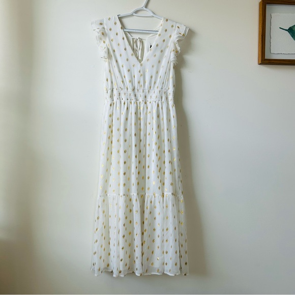 Lulus Cause to Celebrate White & Gold Dot Ruffled Tiered Midi Dress SizeM Magic - Picture 2 of 12